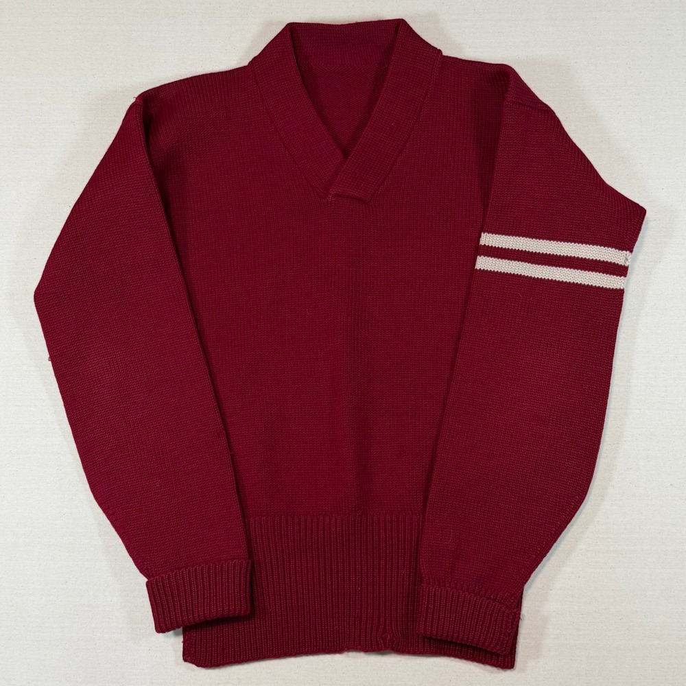 Vintage 50s Letterman Sweater Burgundy Red Shawl V-Neck Sleeve Stripes Large
